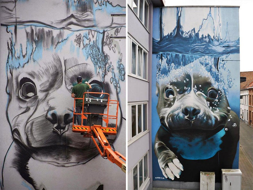 #NAME 4 Story Street Art Mural Of A Dog Diving Underwater Unveiled In Belgium